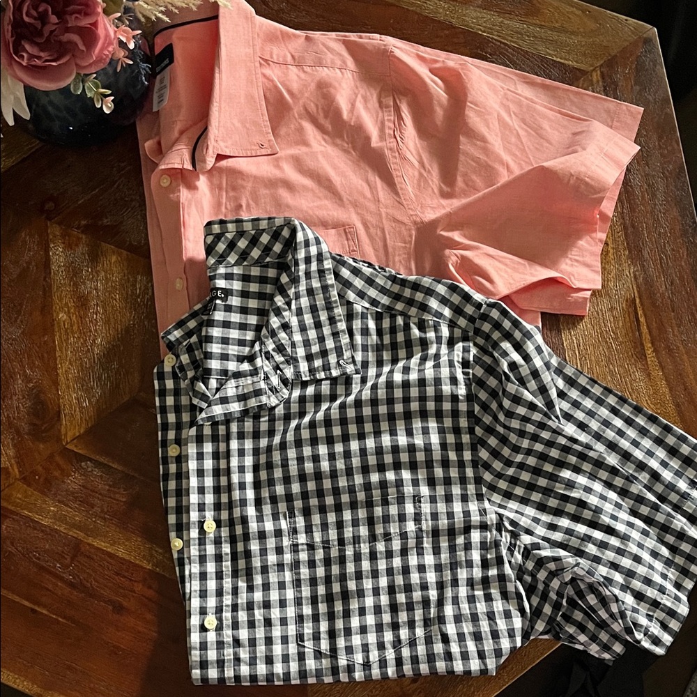 Salmon Pink and Navy Blue and White Gingham Button-Up Shirts